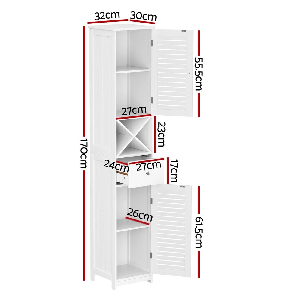 170cm Tall Slim Bathroom Storage Cabinet with Adjustable X - Shape Shelves and Louver Door - White - Furniture > Bathroom > Bathroom Cabinets, Cupboards & Storage - Rivercity House & Home Co. (ABN 18 642 972 209) - Affordable Modern Furniture Australia