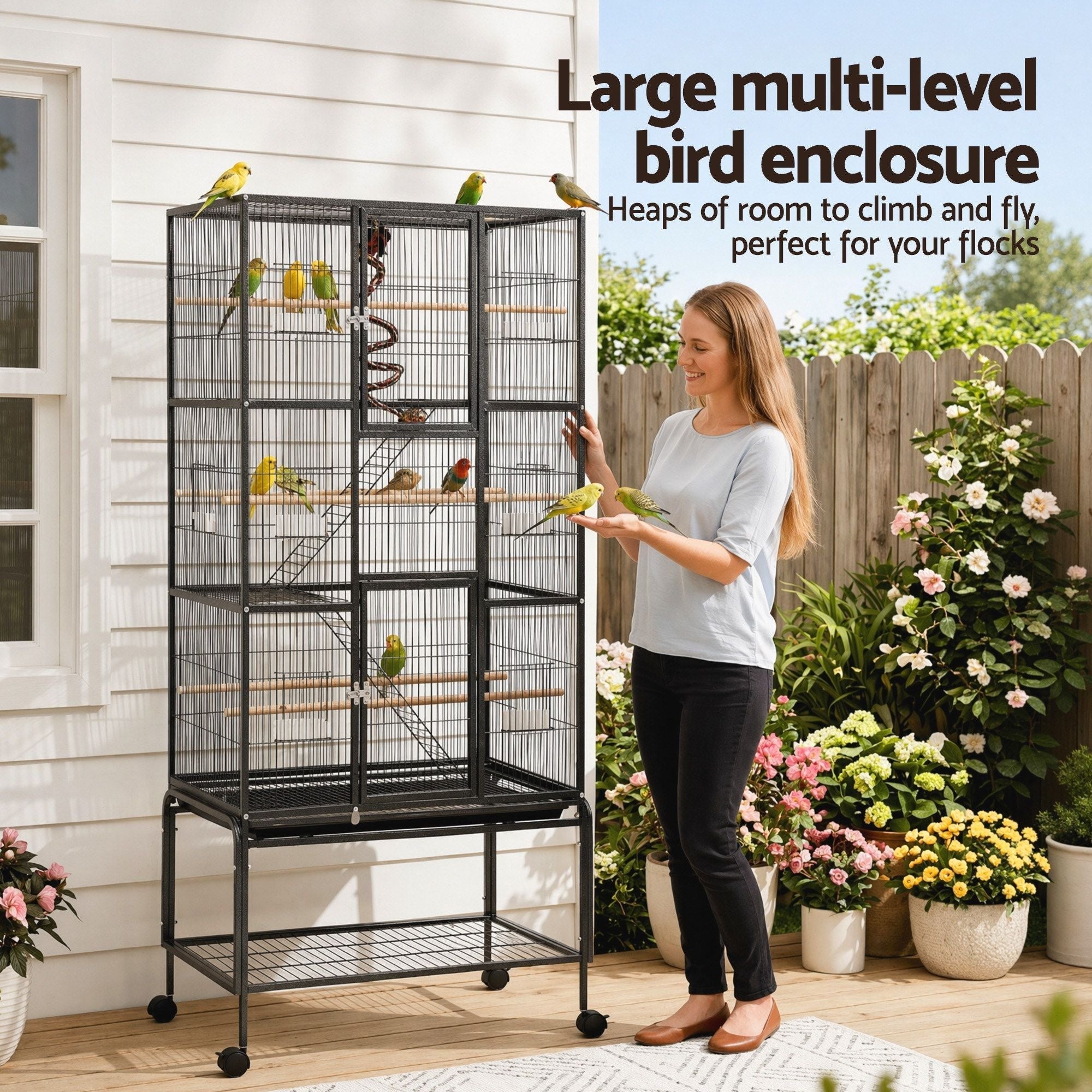 176cm 3-Tier Large Bird Cage Aviary with Ladder Parrot Budgie Wheels Black - Pet Care > Bird > Bird Cages & Stands - Rivercity House & Home Co. (ABN 18 642 972 209) - Affordable Modern Furniture Australia