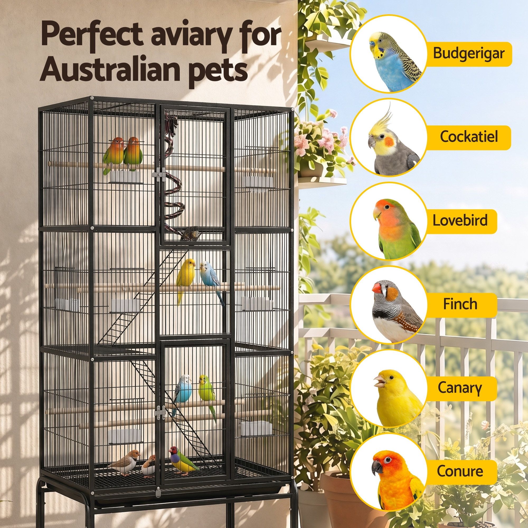 176cm 3-Tier Large Bird Cage Aviary with Ladder Parrot Budgie Wheels Black - Pet Care > Bird > Bird Cages & Stands - Rivercity House & Home Co. (ABN 18 642 972 209) - Affordable Modern Furniture Australia