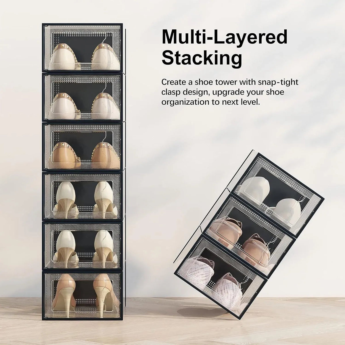 18-Pack Clear Stackable Shoe Storage Boxes with Drop-Front - Black - Furniture > Living Room > Shoe Storage - Rivercity House & Home Co. (ABN 18 642 972 209) - Affordable Modern Furniture Australia