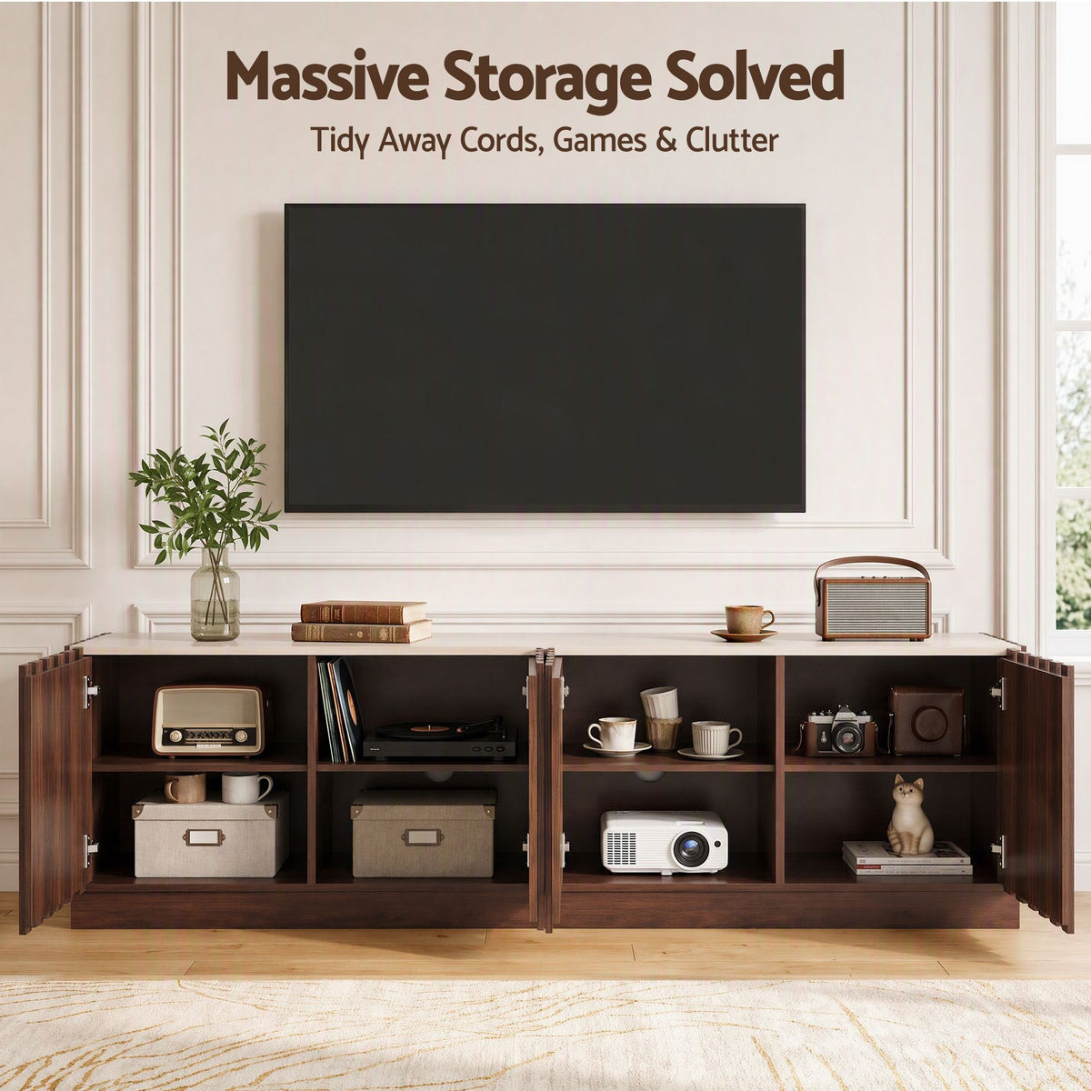 180cm Fluted TV Unit Entertainment Cabinet with Anti-tip Kit - Walnut - Furniture > Living Room > TV Units - Rivercity House & Home Co. (ABN 18 642 972 209) - Affordable Modern Furniture Australia
