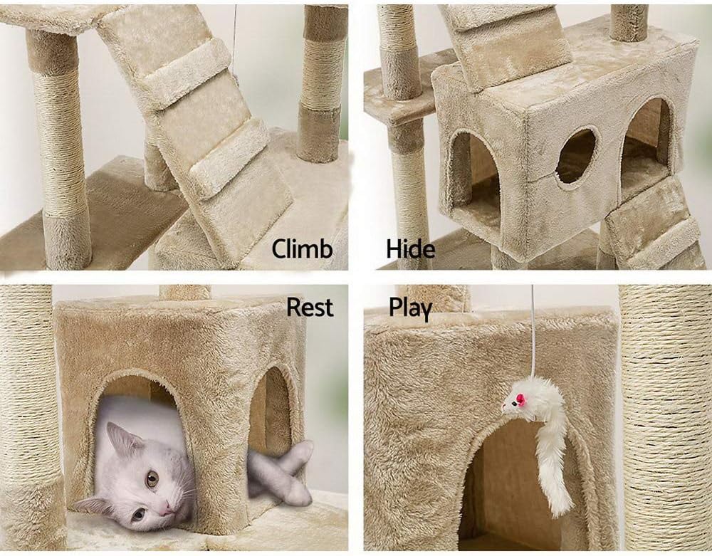 180cm Indoor Cat Tree Tower with Dual Condos, Plush Perches, Sisal Scratching Posts & Ramps - Beige - Home & Garden > Artificial Plants > Artificial Trees - Rivercity House & Home Co. (ABN 18 642 972 209) - Affordable Modern Furniture Australia