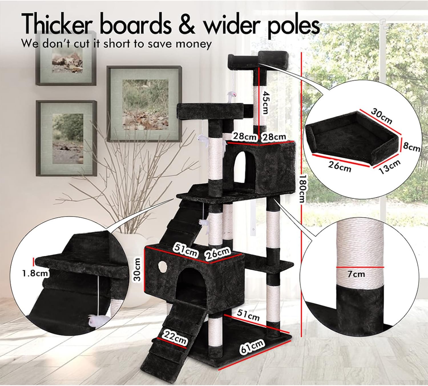 180cm Indoor Cat Tree Tower with Dual Condos, Plush Perches, Sisal Scratching Posts & Ramps - Beige - Home & Garden > Artificial Plants > Artificial Trees - Rivercity House & Home Co. (ABN 18 642 972 209) - Affordable Modern Furniture Australia