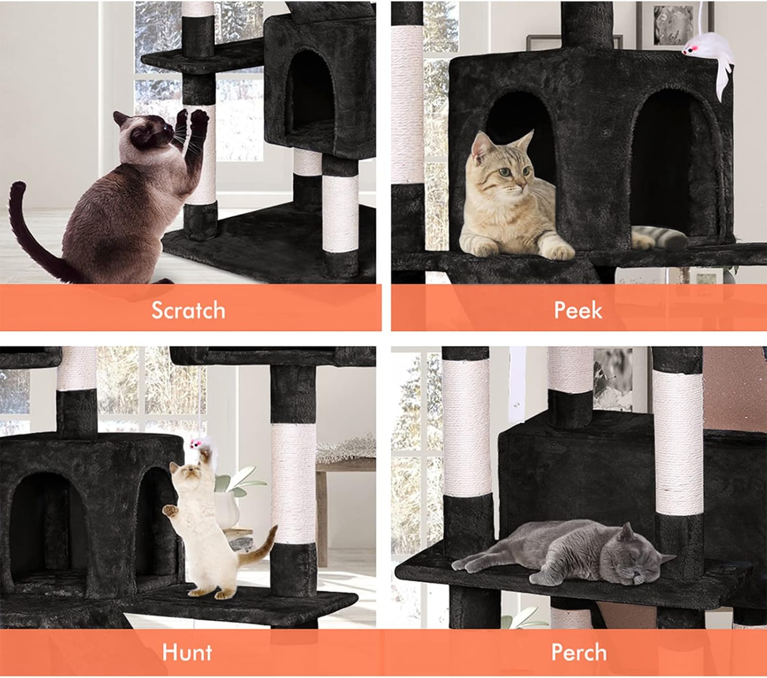 180cm Indoor Cat Tree Tower with Dual Condos, Sisal Scratching Posts & Plush Perches for Kittens & Adult Cats - Black - Home & Garden > Artificial Plants > Artificial Trees - Rivercity House & Home Co. (ABN 18 642 972 209) - Affordable Modern Furniture Australia
