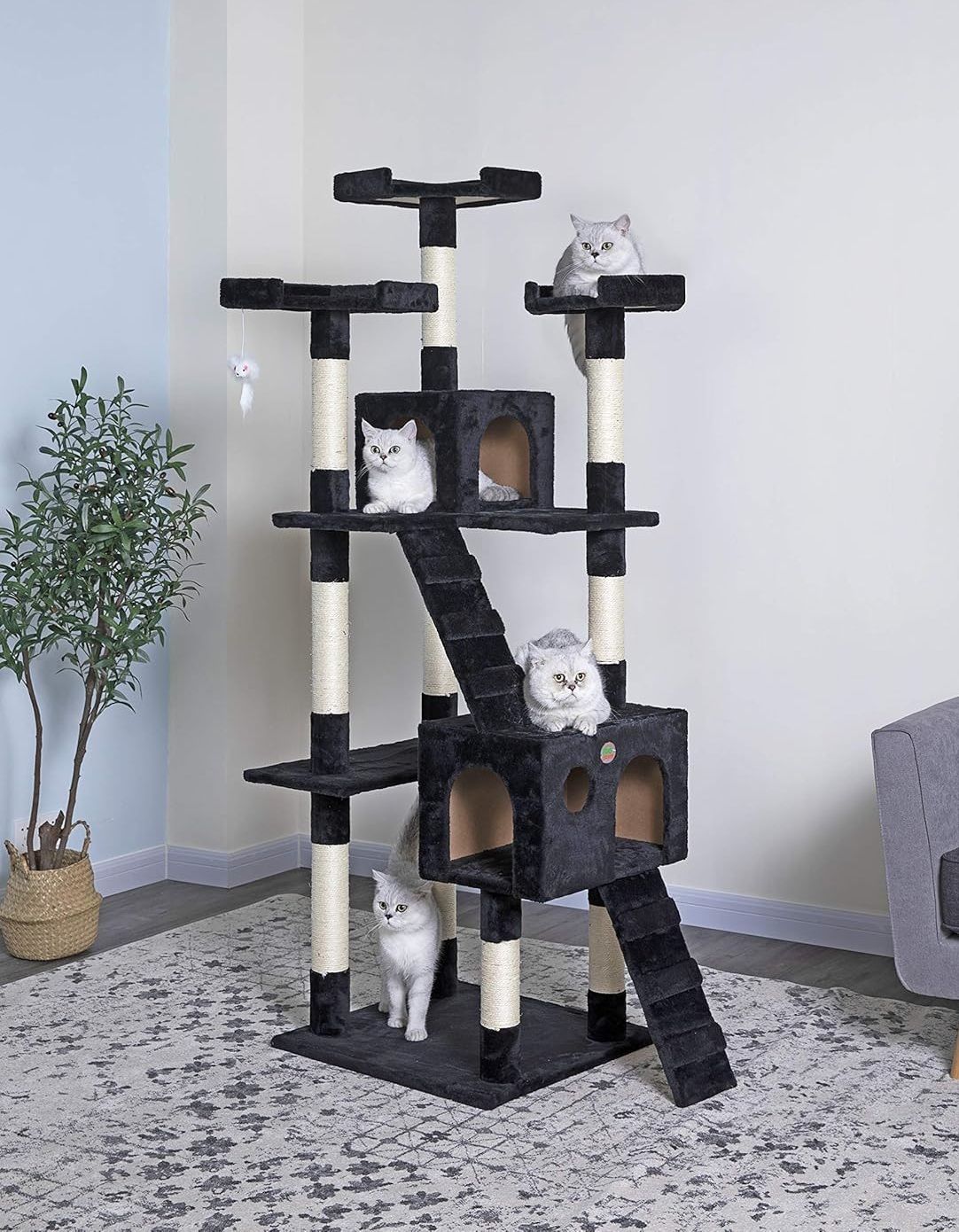 180cm Indoor Cat Tree Tower with Dual Condos, Sisal Scratching Posts & Plush Perches for Kittens & Adult Cats - Black - Home & Garden > Artificial Plants > Artificial Trees - Rivercity House & Home Co. (ABN 18 642 972 209) - Affordable Modern Furniture Australia