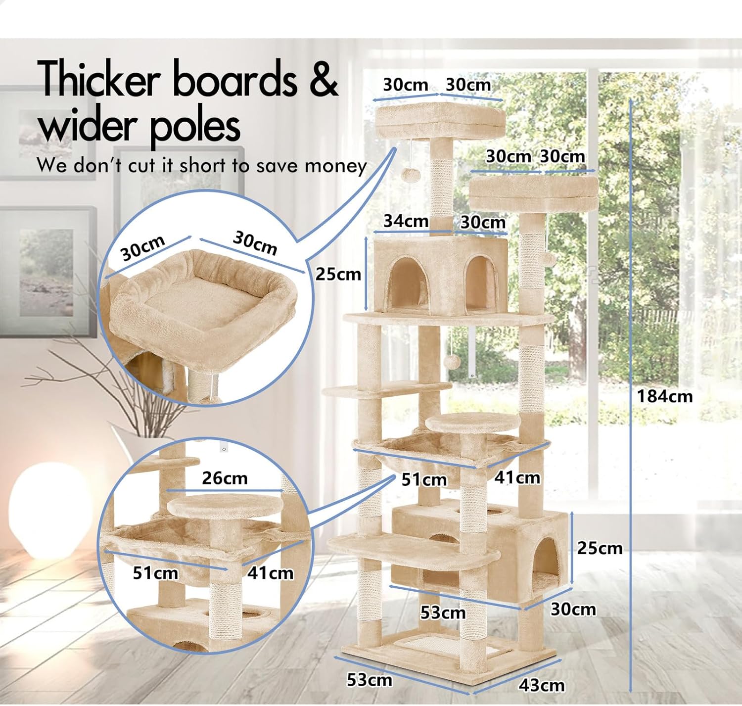 180cm Indoor Cat Tree Tower with Plush Perches, Dual Condos & Sisal Scratching Posts - Beige - Home & Garden > Artificial Plants > Artificial Trees - Rivercity House & Home Co. (ABN 18 642 972 209) - Affordable Modern Furniture Australia