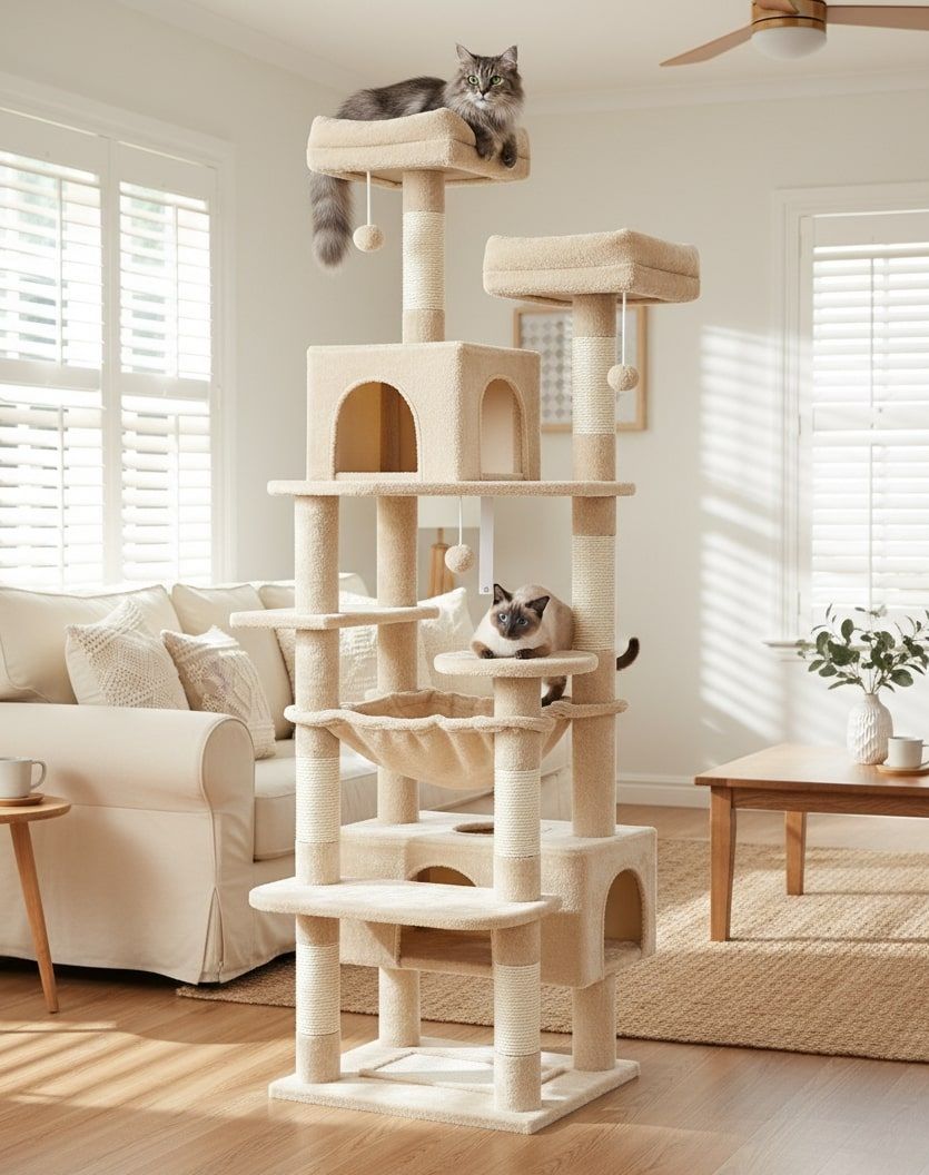 180cm Indoor Cat Tree Tower with Plush Perches, Dual Condos & Sisal Scratching Posts - Beige - Home & Garden > Artificial Plants > Artificial Trees - Rivercity House & Home Co. (ABN 18 642 972 209) - Affordable Modern Furniture Australia