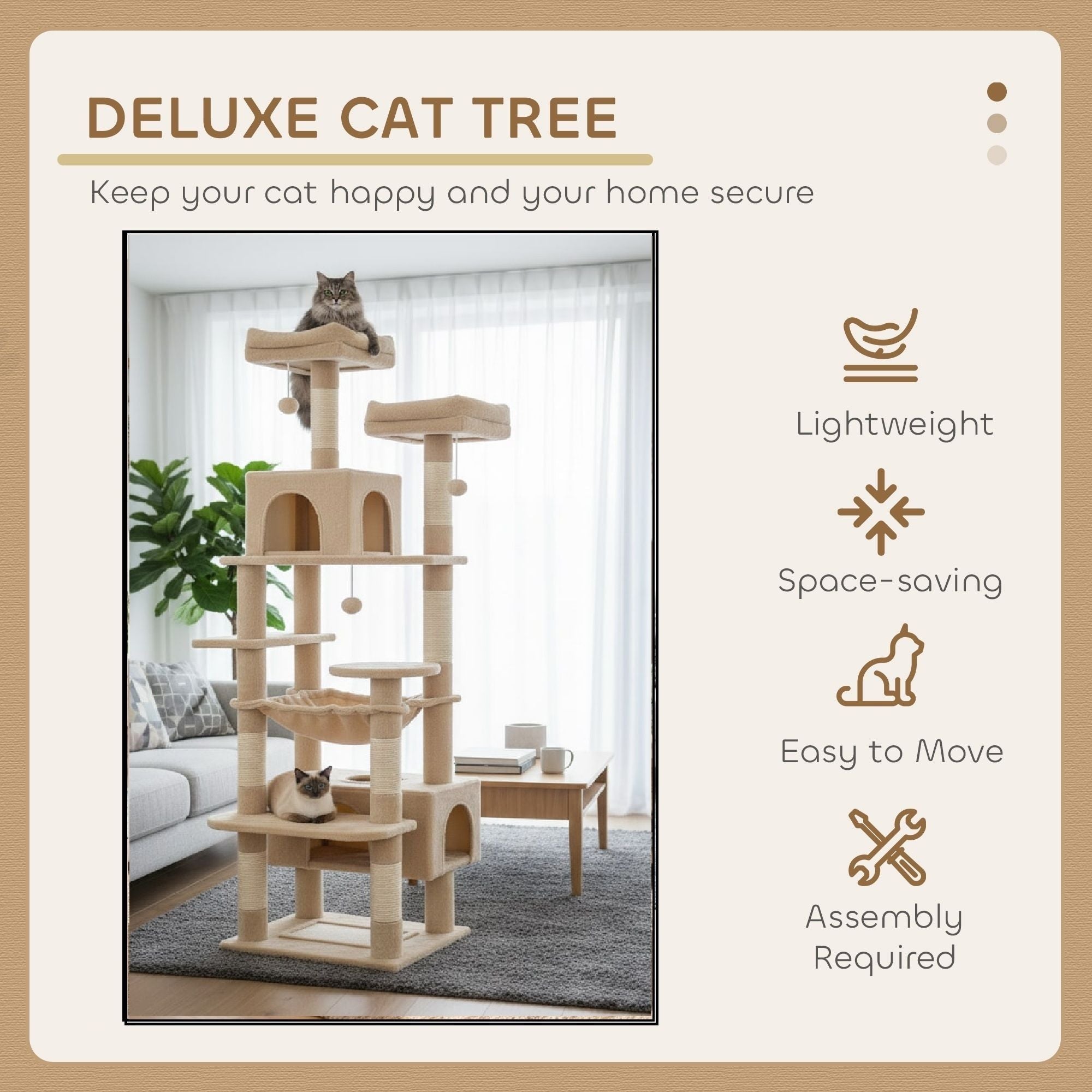 180cm Indoor Cat Tree Tower with Plush Perches, Dual Condos & Sisal Scratching Posts - Beige - Home & Garden > Artificial Plants > Artificial Trees - Rivercity House & Home Co. (ABN 18 642 972 209) - Affordable Modern Furniture Australia