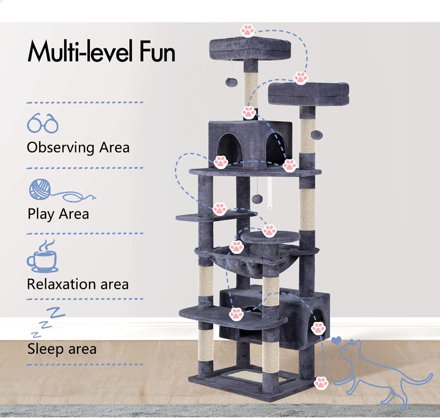 180cm Indoor Cat Tree Tower with Plush Perches, Dual Condos & Sisal Scratching Posts - Grey - Home & Garden > Artificial Plants > Artificial Trees - Rivercity House & Home Co. (ABN 18 642 972 209) - Affordable Modern Furniture Australia