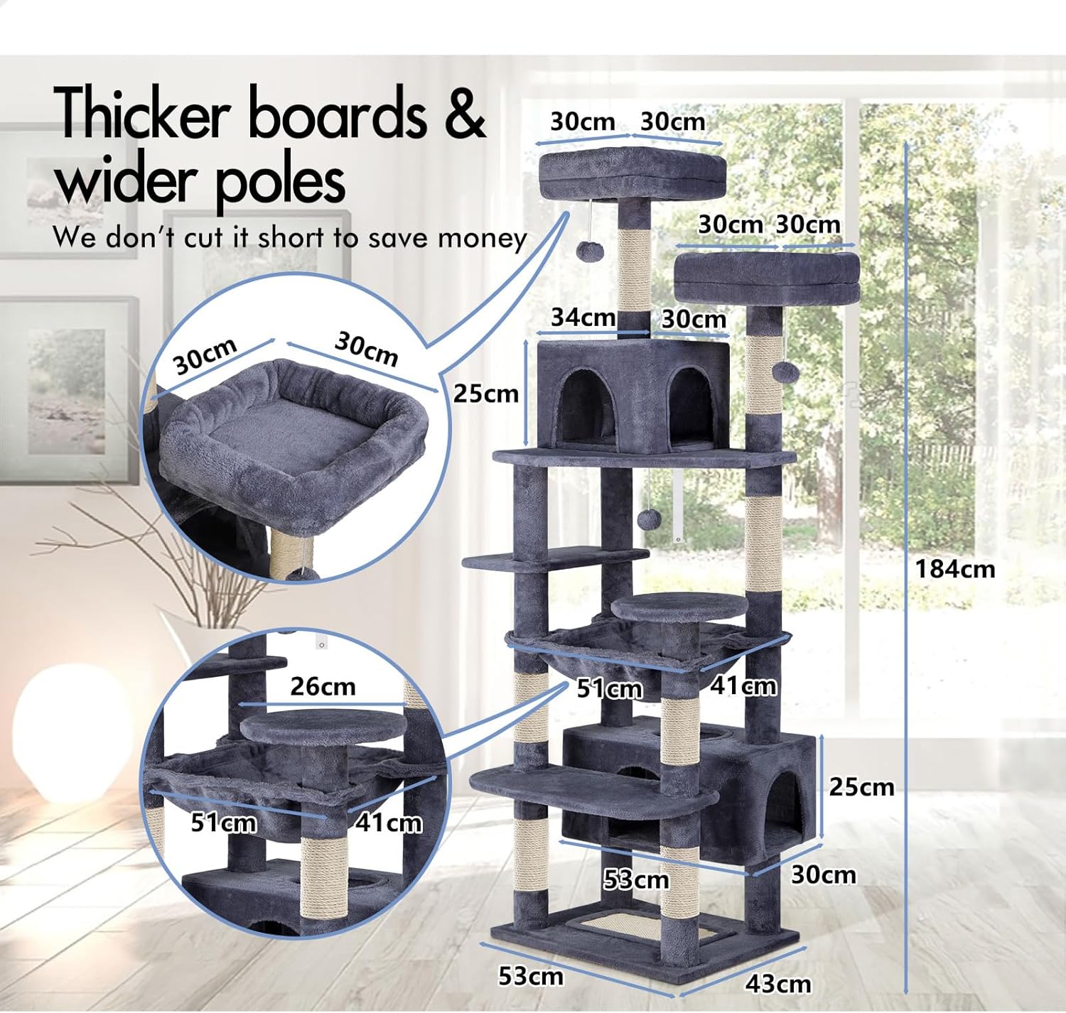 180cm Indoor Cat Tree Tower with Plush Perches, Dual Condos & Sisal Scratching Posts - Grey - Home & Garden > Artificial Plants > Artificial Trees - Rivercity House & Home Co. (ABN 18 642 972 209) - Affordable Modern Furniture Australia