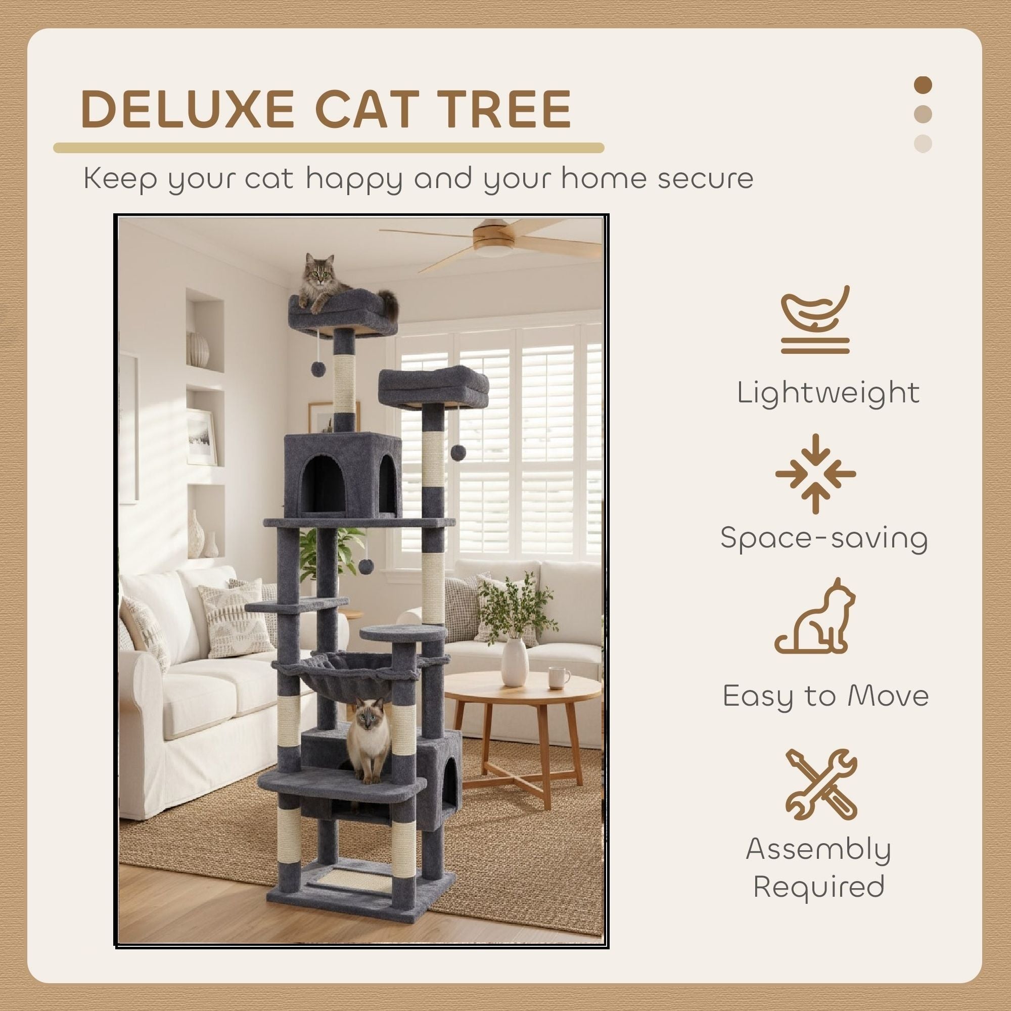 180cm Indoor Cat Tree Tower with Plush Perches, Dual Condos & Sisal Scratching Posts - Grey - Home & Garden > Artificial Plants > Artificial Trees - Rivercity House & Home Co. (ABN 18 642 972 209) - Affordable Modern Furniture Australia