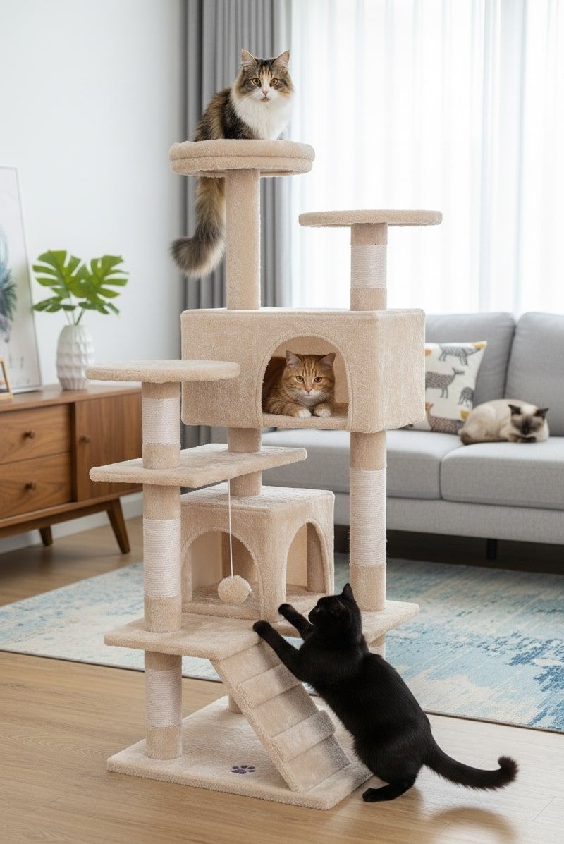 180cm Indoor Cat Tree Tower with Plush Perches, Dual Condos, Sisal Scratching Posts & Ramp - Beige - Home & Garden > Artificial Plants > Artificial Trees - Rivercity House & Home Co. (ABN 18 642 972 209) - Affordable Modern Furniture Australia