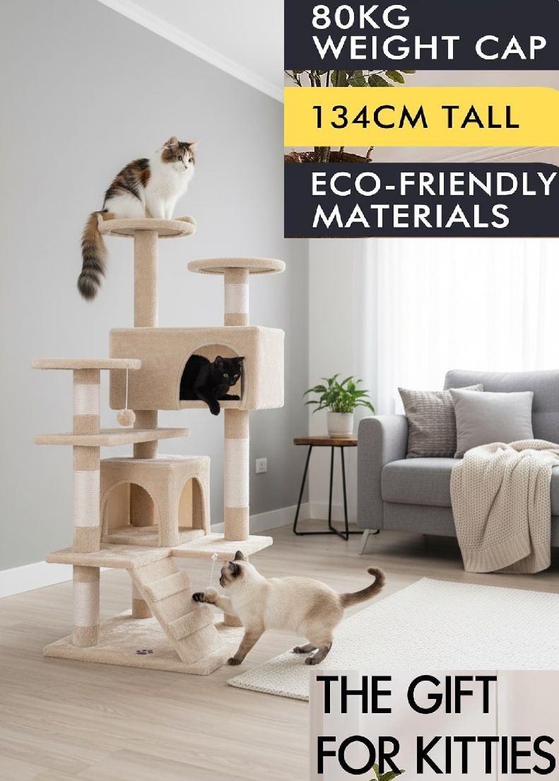 180cm Indoor Cat Tree Tower with Plush Perches, Dual Condos, Sisal Scratching Posts & Ramp - Beige - Home & Garden > Artificial Plants > Artificial Trees - Rivercity House & Home Co. (ABN 18 642 972 209) - Affordable Modern Furniture Australia