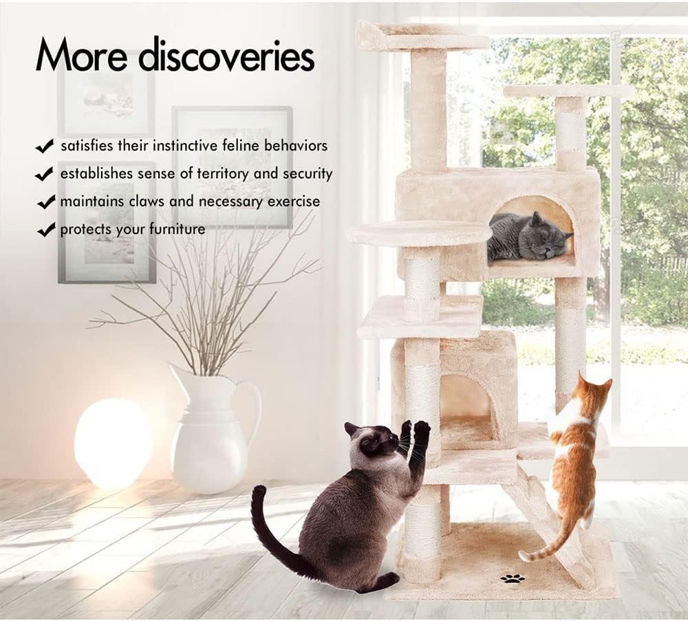 180cm Indoor Cat Tree Tower with Plush Perches, Dual Condos, Sisal Scratching Posts & Ramp - Beige - Home & Garden > Artificial Plants > Artificial Trees - Rivercity House & Home Co. (ABN 18 642 972 209) - Affordable Modern Furniture Australia
