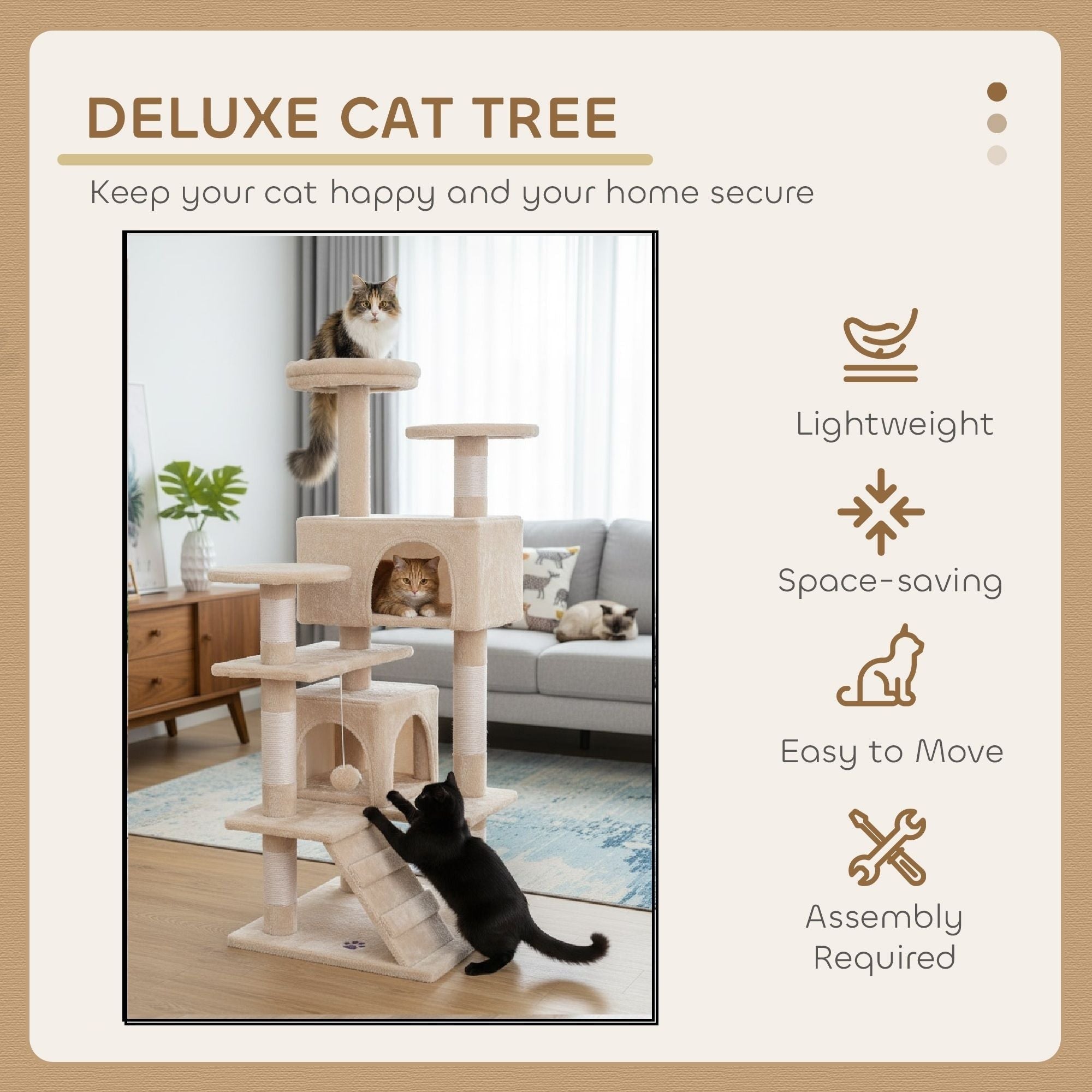 180cm Indoor Cat Tree Tower with Plush Perches, Dual Condos, Sisal Scratching Posts & Ramp - Beige - Home & Garden > Artificial Plants > Artificial Trees - Rivercity House & Home Co. (ABN 18 642 972 209) - Affordable Modern Furniture Australia