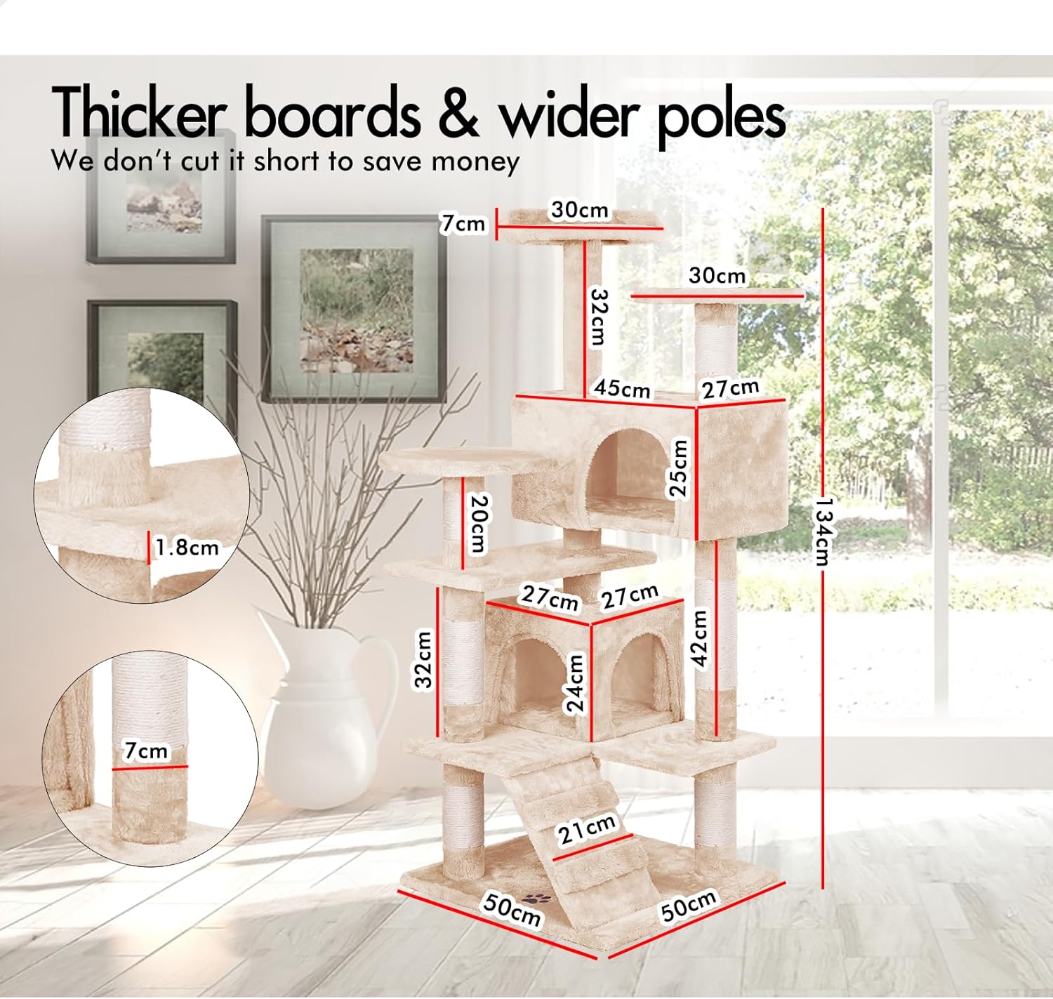 180cm Indoor Cat Tree Tower with Plush Perches, Dual Condos, Sisal Scratching Posts & Ramp - Beige - Home & Garden > Artificial Plants > Artificial Trees - Rivercity House & Home Co. (ABN 18 642 972 209) - Affordable Modern Furniture Australia