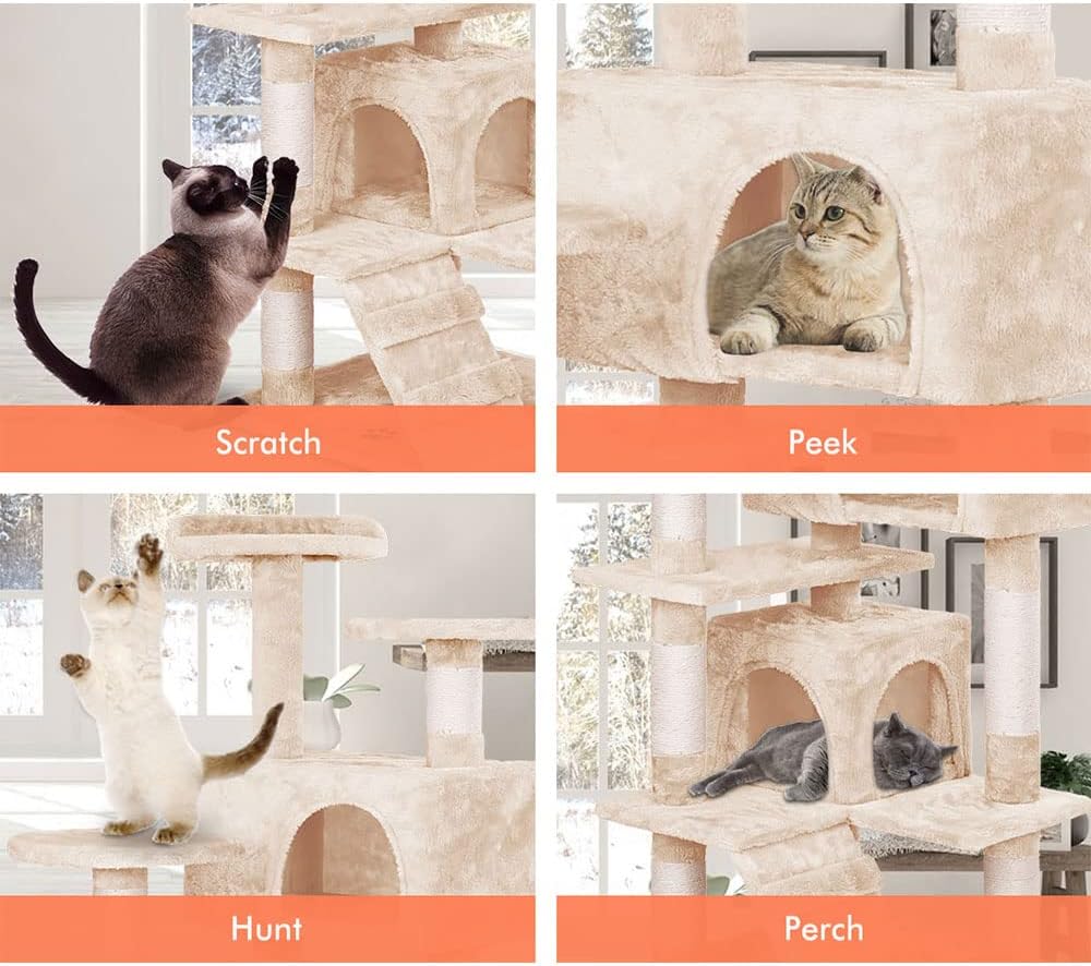 180cm Indoor Cat Tree Tower with Plush Perches, Dual Condos, Sisal Scratching Posts & Ramp - Beige - Home & Garden > Artificial Plants > Artificial Trees - Rivercity House & Home Co. (ABN 18 642 972 209) - Affordable Modern Furniture Australia