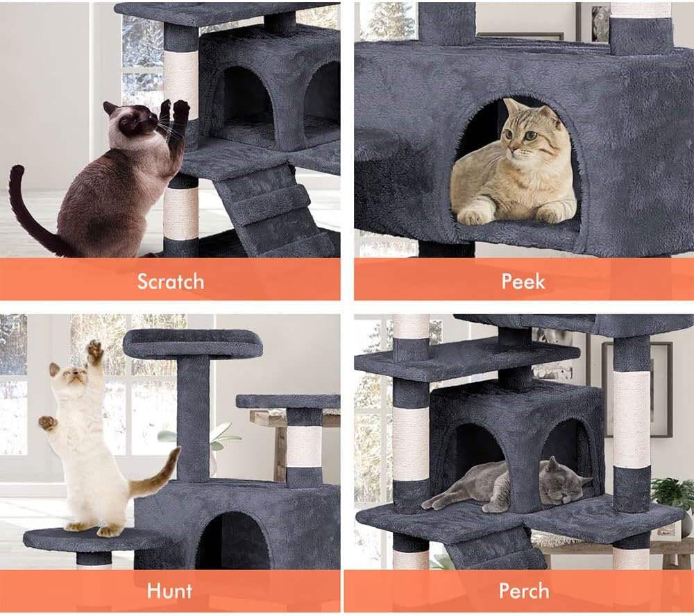 180cm Indoor Cat Tree Tower with Plush Perches, Dual Condos, Sisal Scratching Posts & Ramp for Kittens & Adult Cats - Dark Grey - Home & Garden > Artificial Plants > Artificial Trees - Rivercity House & Home Co. (ABN 18 642 972 209) - Affordable Modern Furniture Australia