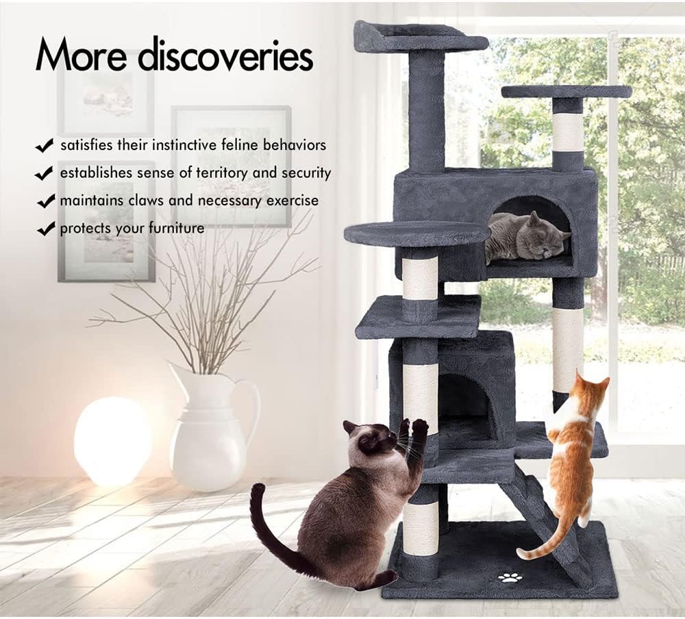 180cm Indoor Cat Tree Tower with Plush Perches, Dual Condos, Sisal Scratching Posts & Ramp for Kittens & Adult Cats - Dark Grey - Home & Garden > Artificial Plants > Artificial Trees - Rivercity House & Home Co. (ABN 18 642 972 209) - Affordable Modern Furniture Australia