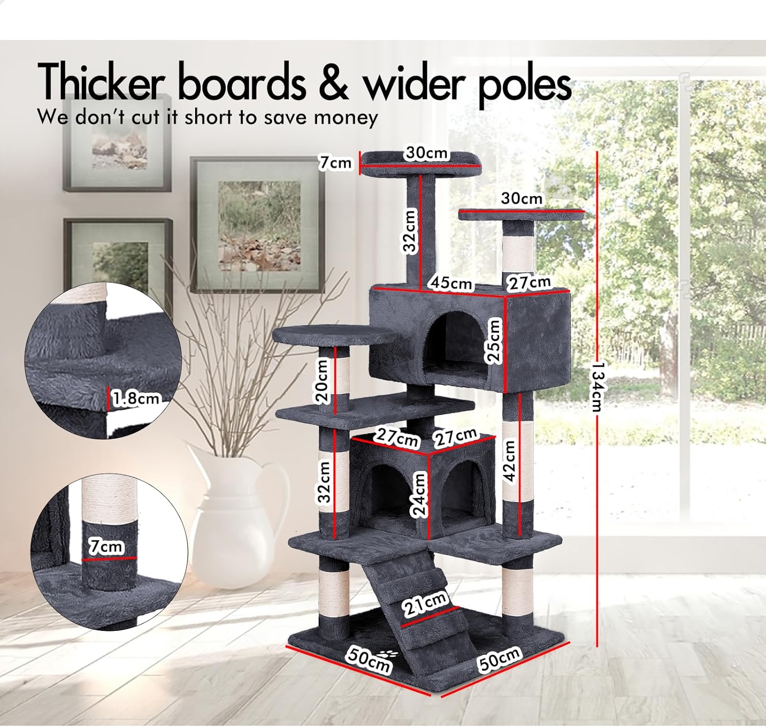 180cm Indoor Cat Tree Tower with Plush Perches, Dual Condos, Sisal Scratching Posts & Ramp for Kittens & Adult Cats - Dark Grey - Home & Garden > Artificial Plants > Artificial Trees - Rivercity House & Home Co. (ABN 18 642 972 209) - Affordable Modern Furniture Australia