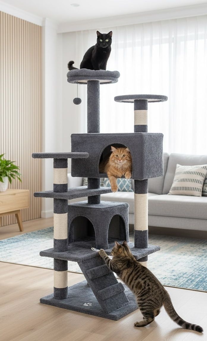 180cm Indoor Cat Tree Tower with Plush Perches, Dual Condos, Sisal Scratching Posts & Ramp for Kittens & Adult Cats - Dark Grey - Home & Garden > Artificial Plants > Artificial Trees - Rivercity House & Home Co. (ABN 18 642 972 209) - Affordable Modern Furniture Australia
