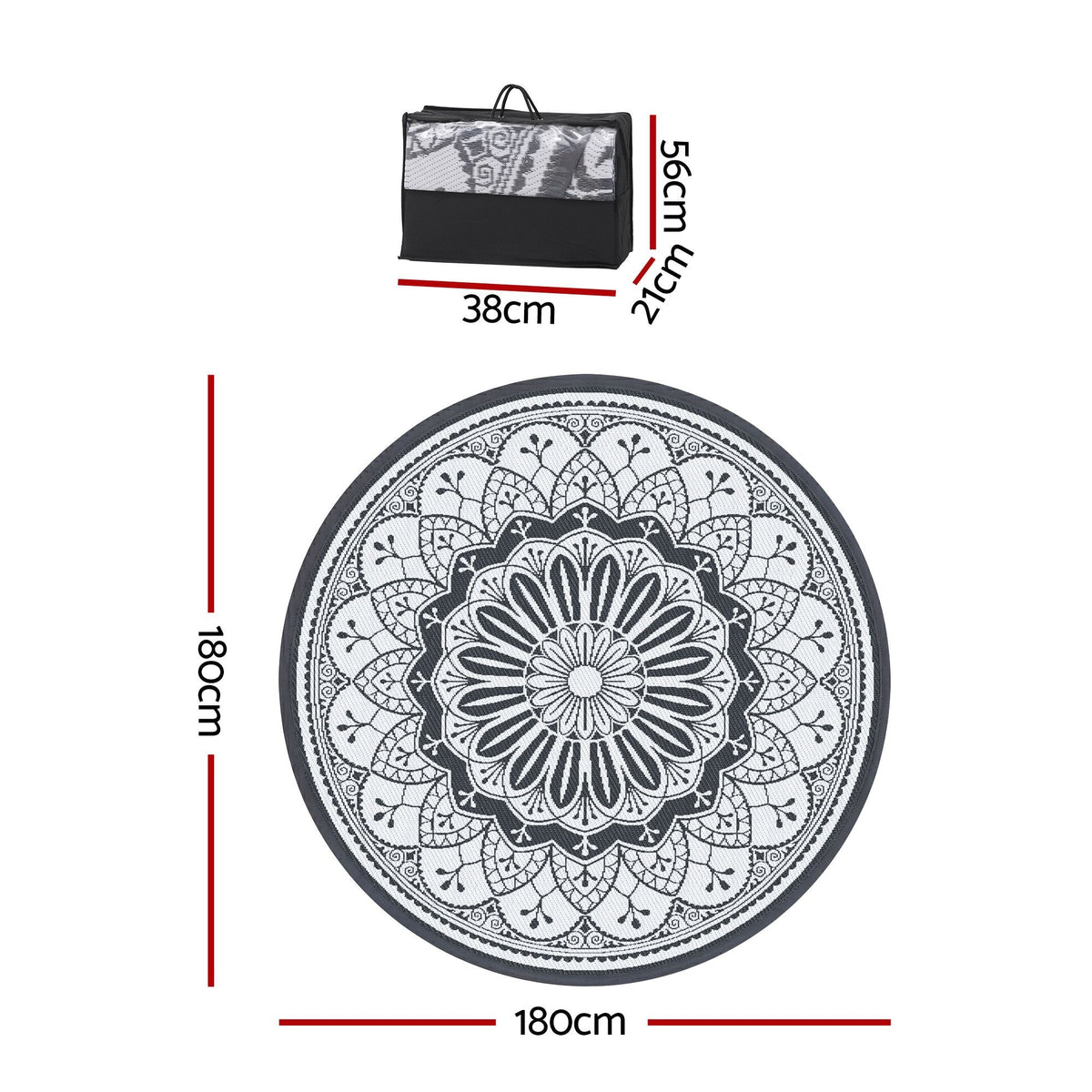 180cm Round Outdoor Reversible Polypropylene Rug with Storage Bag - Grey - Home & Garden > Rugs > Outdoor Rugs - Rivercity House & Home Co. (ABN 18 642 972 209) - Affordable Modern Furniture Australia