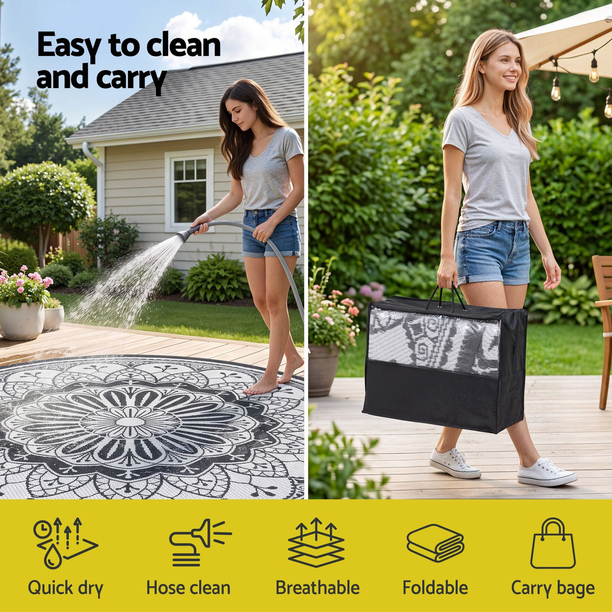 180cm Round Outdoor Reversible Polypropylene Rug with Storage Bag - Grey - Home & Garden > Rugs > Outdoor Rugs - Rivercity House & Home Co. (ABN 18 642 972 209) - Affordable Modern Furniture Australia