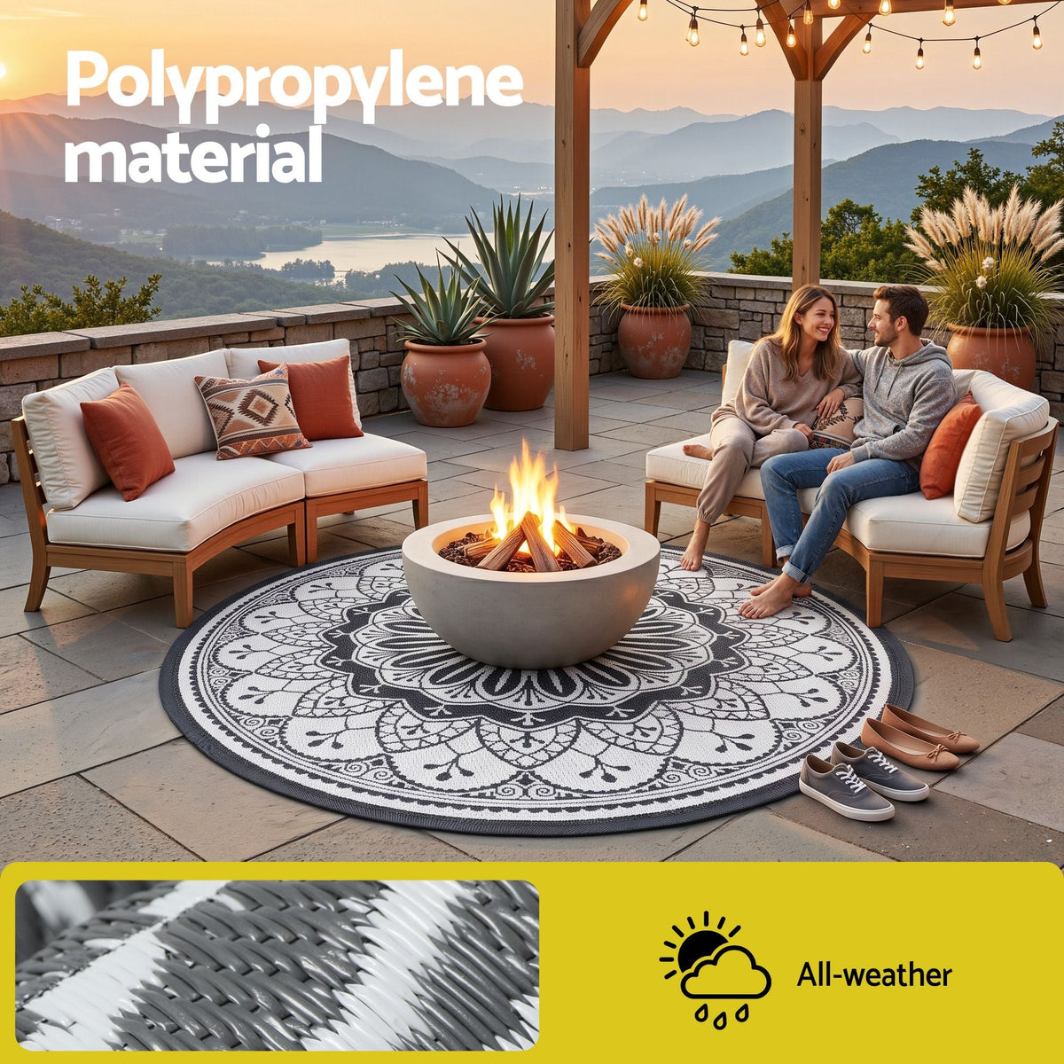 180cm Round Outdoor Reversible Polypropylene Rug with Storage Bag - Grey - Home & Garden > Rugs > Outdoor Rugs - Rivercity House & Home Co. (ABN 18 642 972 209) - Affordable Modern Furniture Australia
