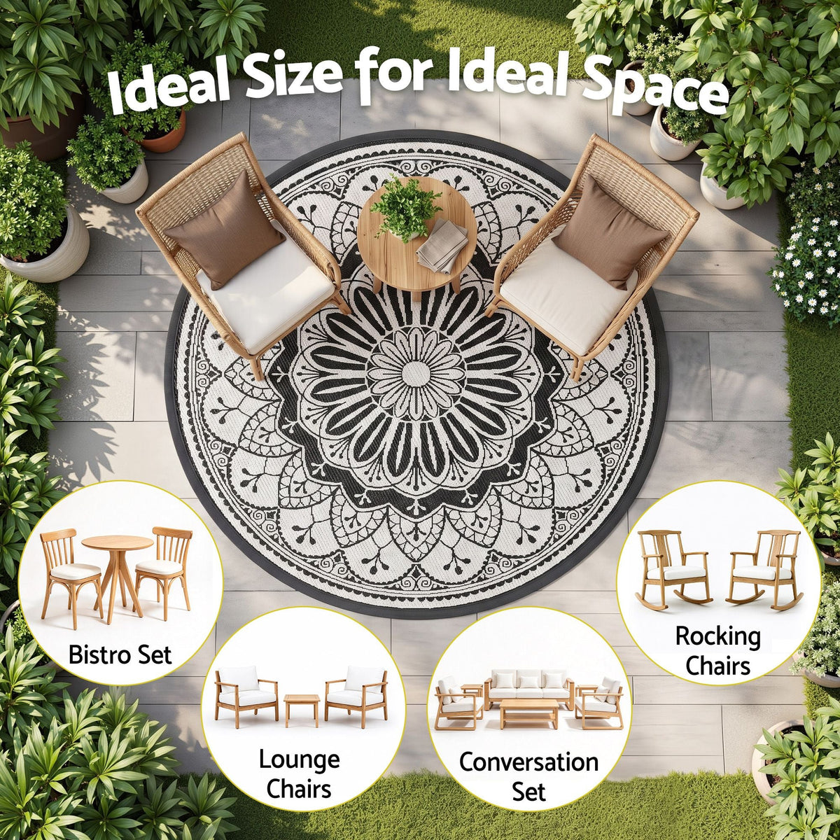 180cm Round Outdoor Reversible Polypropylene Rug with Storage Bag - Grey - Home & Garden > Rugs > Outdoor Rugs - Rivercity House & Home Co. (ABN 18 642 972 209) - Affordable Modern Furniture Australia