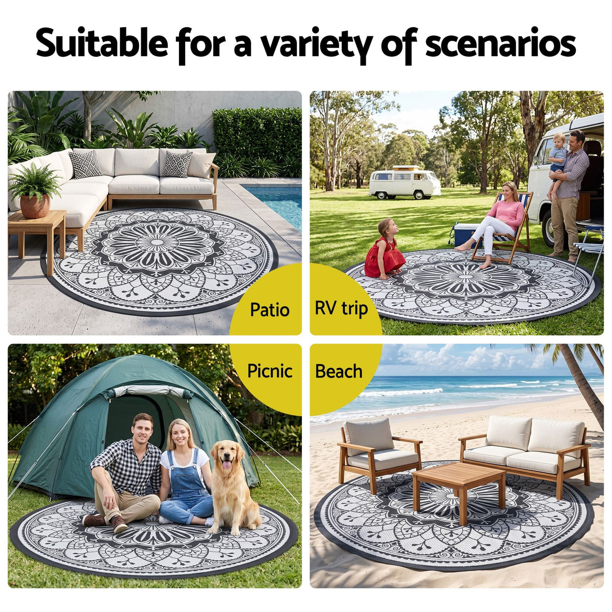 180cm Round Outdoor Reversible Polypropylene Rug with Storage Bag - Grey - Home & Garden > Rugs > Outdoor Rugs - Rivercity House & Home Co. (ABN 18 642 972 209) - Affordable Modern Furniture Australia
