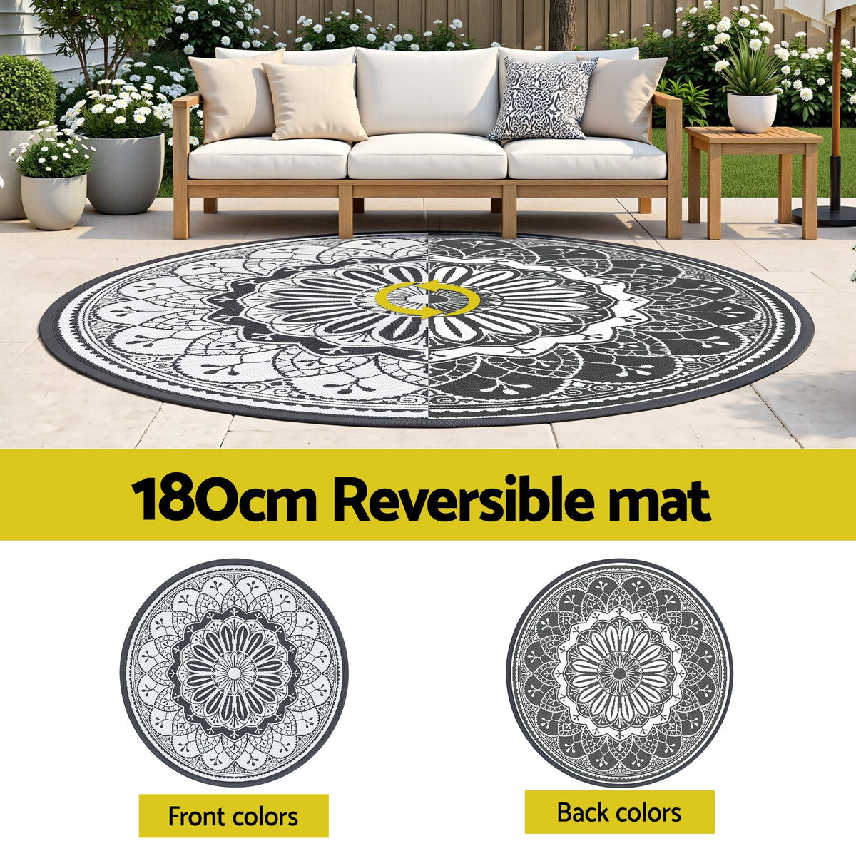 180cm Round Outdoor Reversible Polypropylene Rug with Storage Bag - Grey - Home & Garden > Rugs > Outdoor Rugs - Rivercity House & Home Co. (ABN 18 642 972 209) - Affordable Modern Furniture Australia