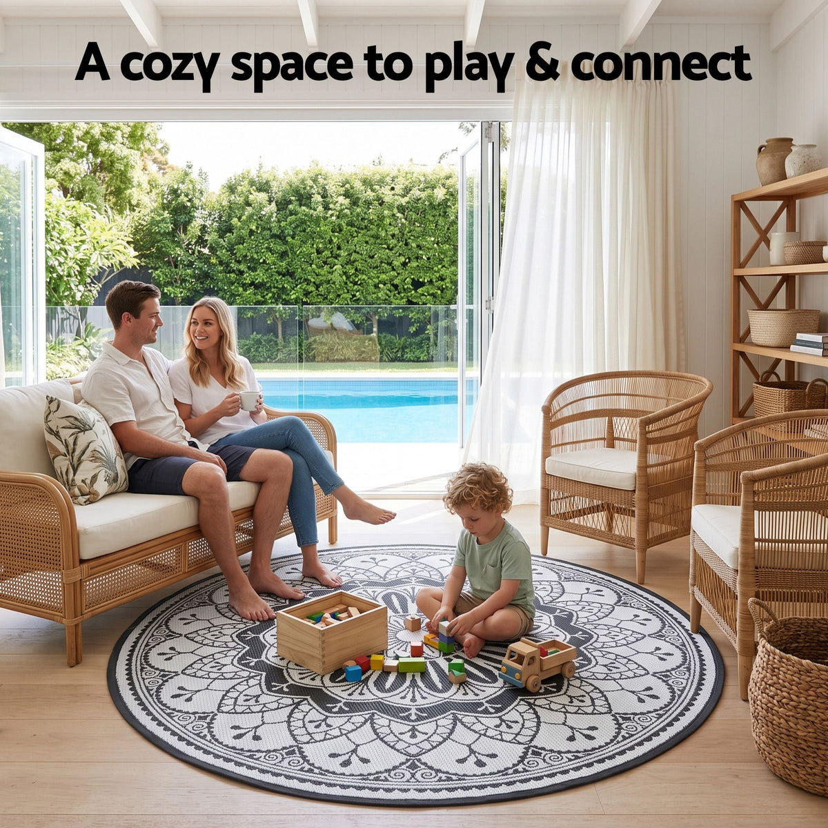 180cm Round Outdoor Reversible Polypropylene Rug with Storage Bag - Grey - Home & Garden > Rugs > Outdoor Rugs - Rivercity House & Home Co. (ABN 18 642 972 209) - Affordable Modern Furniture Australia