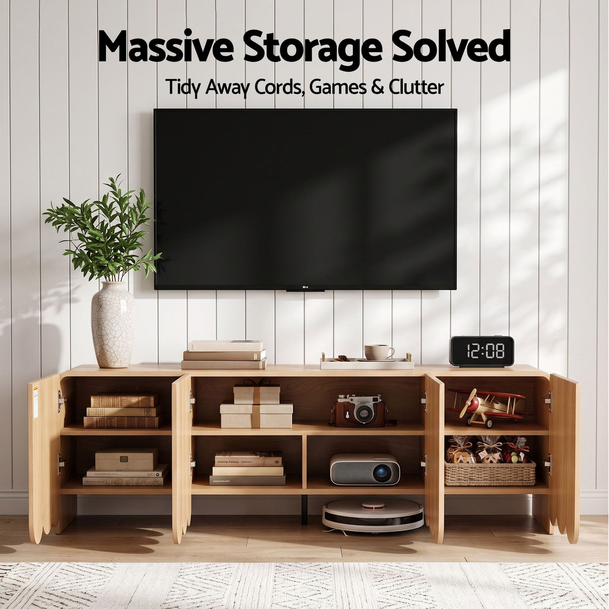 180cm Scalloped TV Unit Entertainment Cabinet with Adjustable Shelves - Pine - Furniture > Living Room > TV Units - Rivercity House & Home Co. (ABN 18 642 972 209) - Affordable Modern Furniture Australia