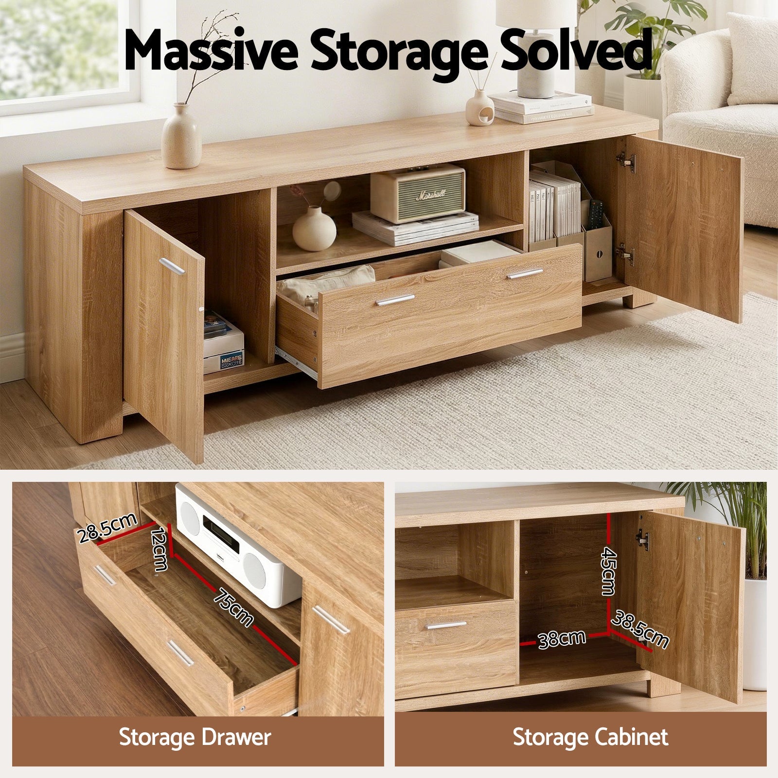 180cm TV Unit Entertainment Unit Storage Drawer Cabinet Pine - Furniture > Living Room > TV Units - Rivercity House & Home Co. (ABN 18 642 972 209) - Affordable Modern Furniture Australia