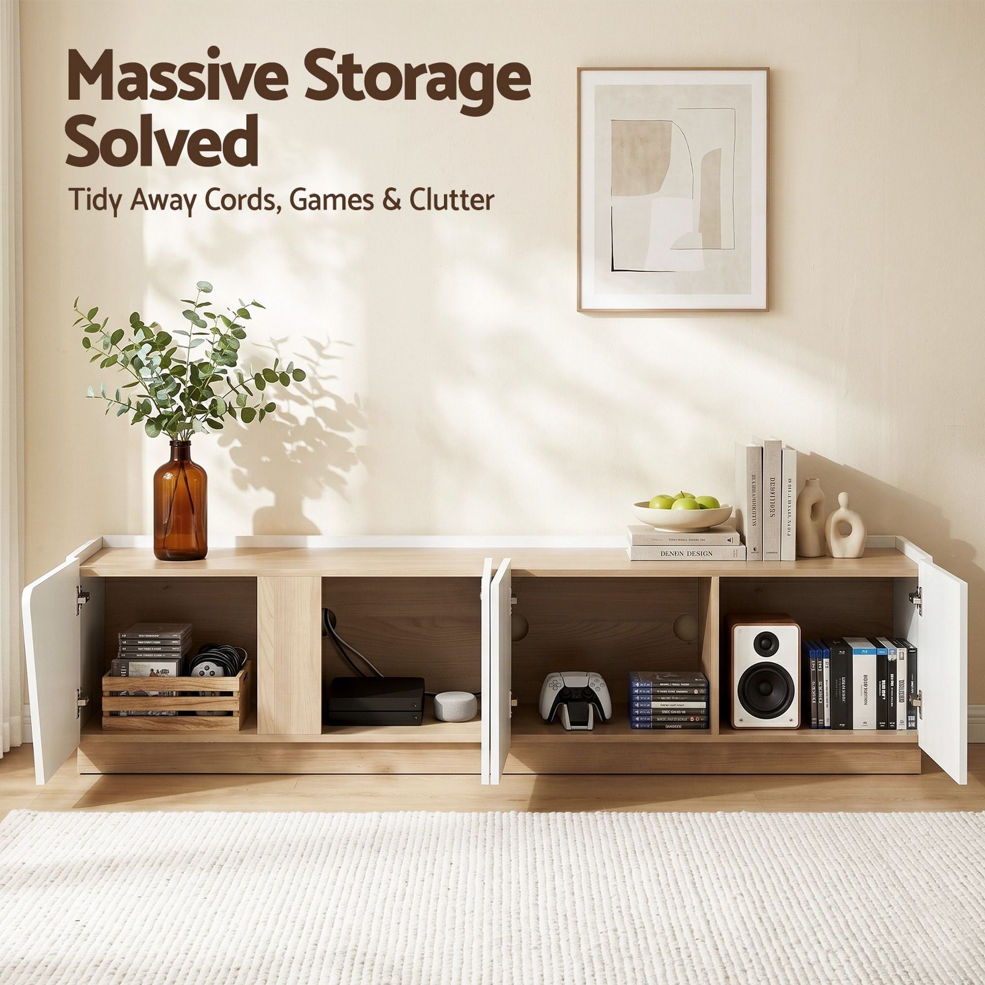 180cm TV Unit Storage Cabinet Living Room White & Pine - Furniture > Living Room > TV Units - Rivercity House & Home Co. (ABN 18 642 972 209) - Affordable Modern Furniture Australia