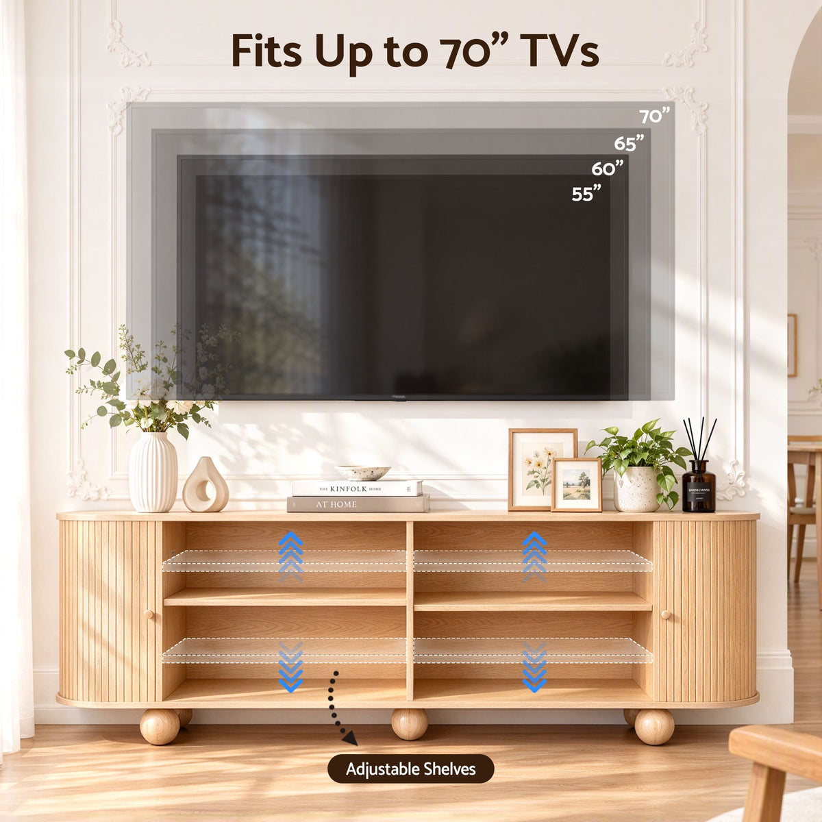 180cm TV Unit Storage Shelf with Curved Edge Sliding Fluted Door - Pine - Furniture > Living Room > TV Units - Rivercity House & Home Co. (ABN 18 642 972 209) - Affordable Modern Furniture Australia
