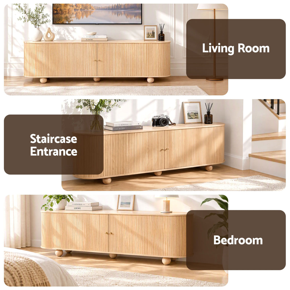 180cm TV Unit Storage Shelf with Curved Edge Sliding Fluted Door - Pine - Furniture > Living Room > TV Units - Rivercity House & Home Co. (ABN 18 642 972 209) - Affordable Modern Furniture Australia
