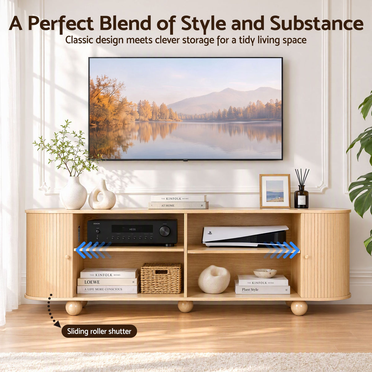 180cm TV Unit Storage Shelf with Curved Edge Sliding Fluted Door - Pine - Furniture > Living Room > TV Units - Rivercity House & Home Co. (ABN 18 642 972 209) - Affordable Modern Furniture Australia
