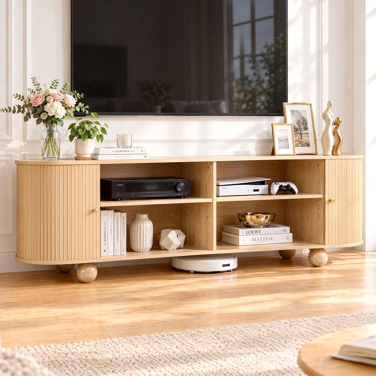 180cm TV Unit Storage Shelf with Curved Edge Sliding Fluted Door - Pine - Furniture > Living Room > TV Units - Rivercity House & Home Co. (ABN 18 642 972 209) - Affordable Modern Furniture Australia