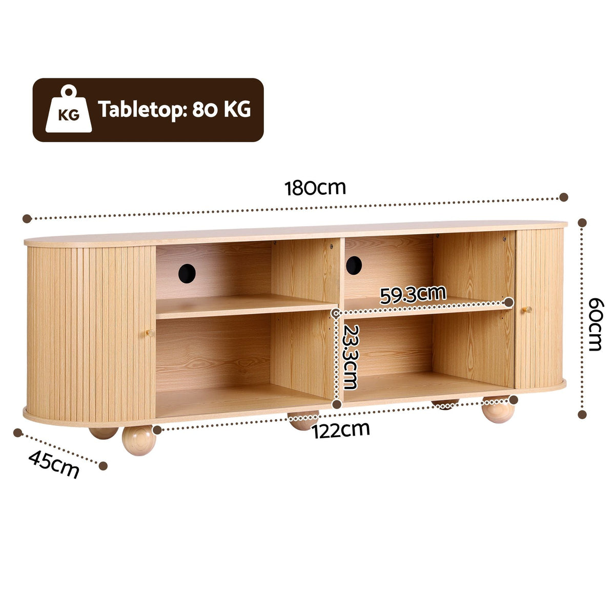 180cm TV Unit Storage Shelf with Curved Edge Sliding Fluted Door - Pine - Furniture > Living Room > TV Units - Rivercity House & Home Co. (ABN 18 642 972 209) - Affordable Modern Furniture Australia