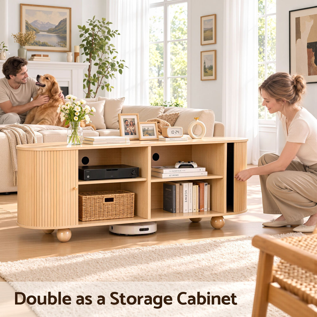 180cm TV Unit Storage Shelf with Curved Edge Sliding Fluted Door - Pine - Furniture > Living Room > TV Units - Rivercity House & Home Co. (ABN 18 642 972 209) - Affordable Modern Furniture Australia