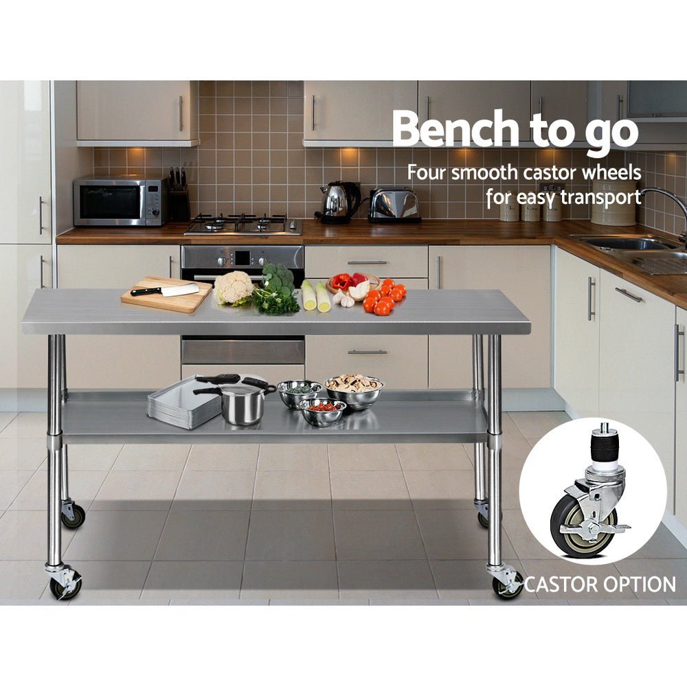 1829x610mm Stainless Steel Kitchen Bench with Wheels 304 - Furniture > Dining > Kitchen Sinks - Rivercity House & Home Co. (ABN 18 642 972 209) - Affordable Modern Furniture Australia