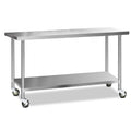 1829x610mm Stainless Steel Kitchen Bench with Lockable Wheels - Silver