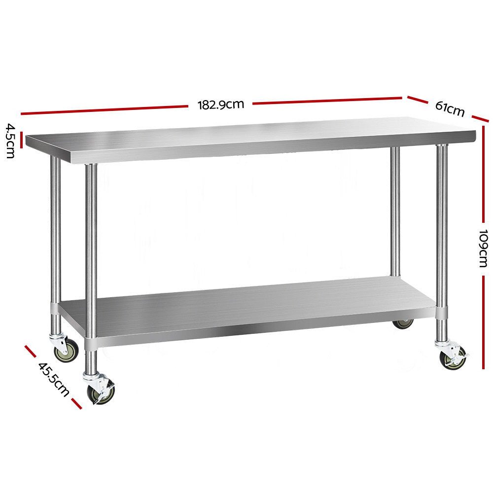 1829x610mm Stainless Steel Kitchen Bench with Wheels 430 - Furniture > Dining > Kitchen Sinks - Rivercity House & Home Co. (ABN 18 642 972 209) - Affordable Modern Furniture Australia