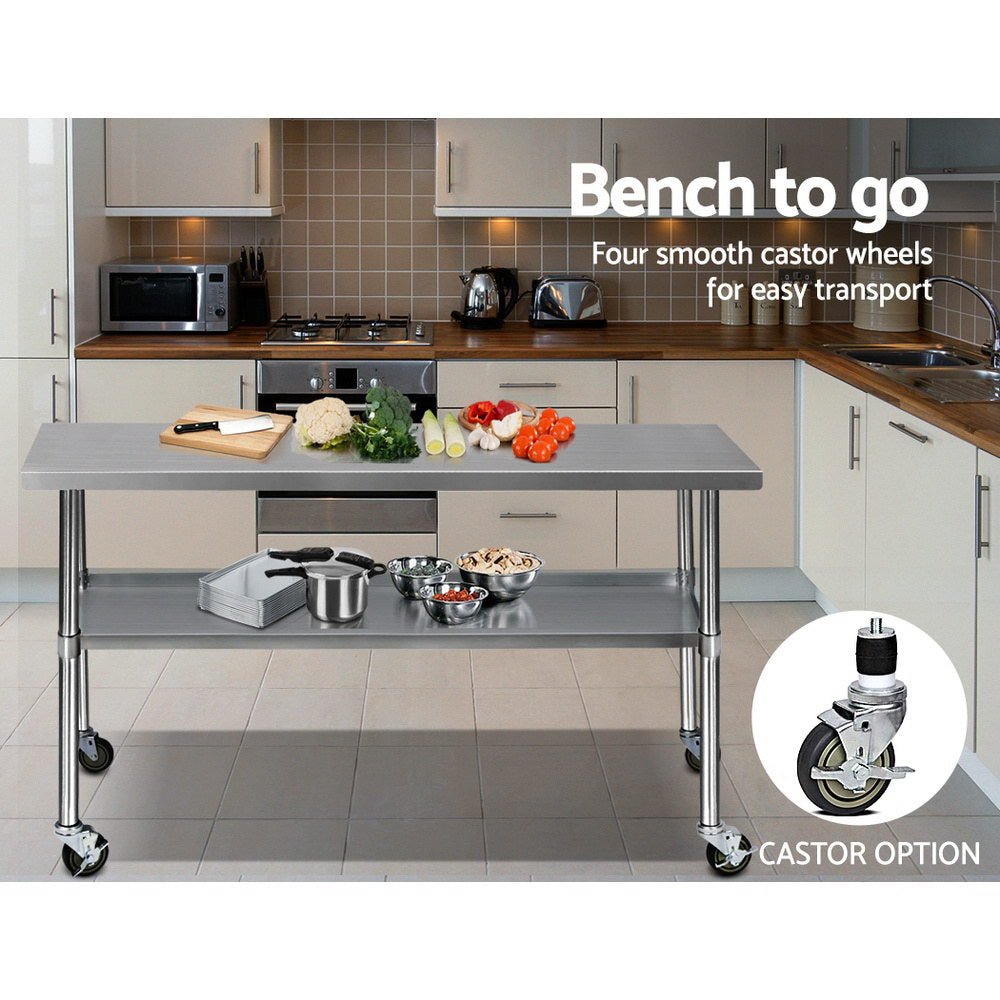 1829x610mm Stainless Steel Kitchen Bench with Wheels 430 - Furniture > Dining > Kitchen Sinks - Rivercity House & Home Co. (ABN 18 642 972 209) - Affordable Modern Furniture Australia