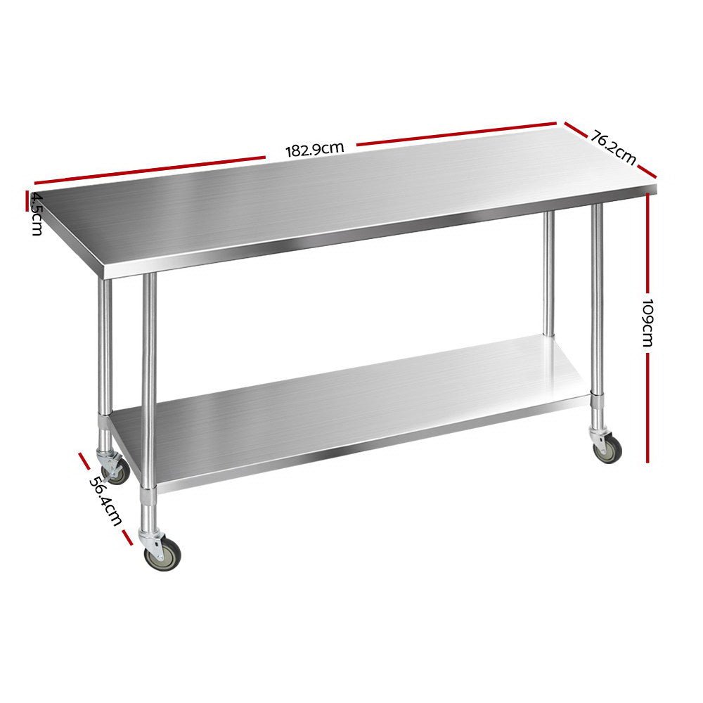 1829x760mm Stainless Steel Kitchen Bench with Wheels 430 - Furniture > Dining > Kitchen Sinks - Rivercity House & Home Co. (ABN 18 642 972 209) - Affordable Modern Furniture Australia