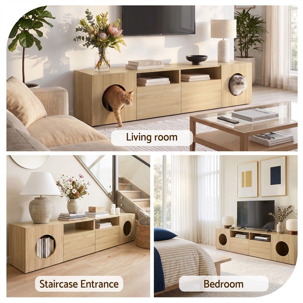 185cm TV Unit with Cat House Storage and Drawers - Pine - Furniture > Living Room > TV Units - Rivercity House & Home Co. (ABN 18 642 972 209) - Affordable Modern Furniture Australia