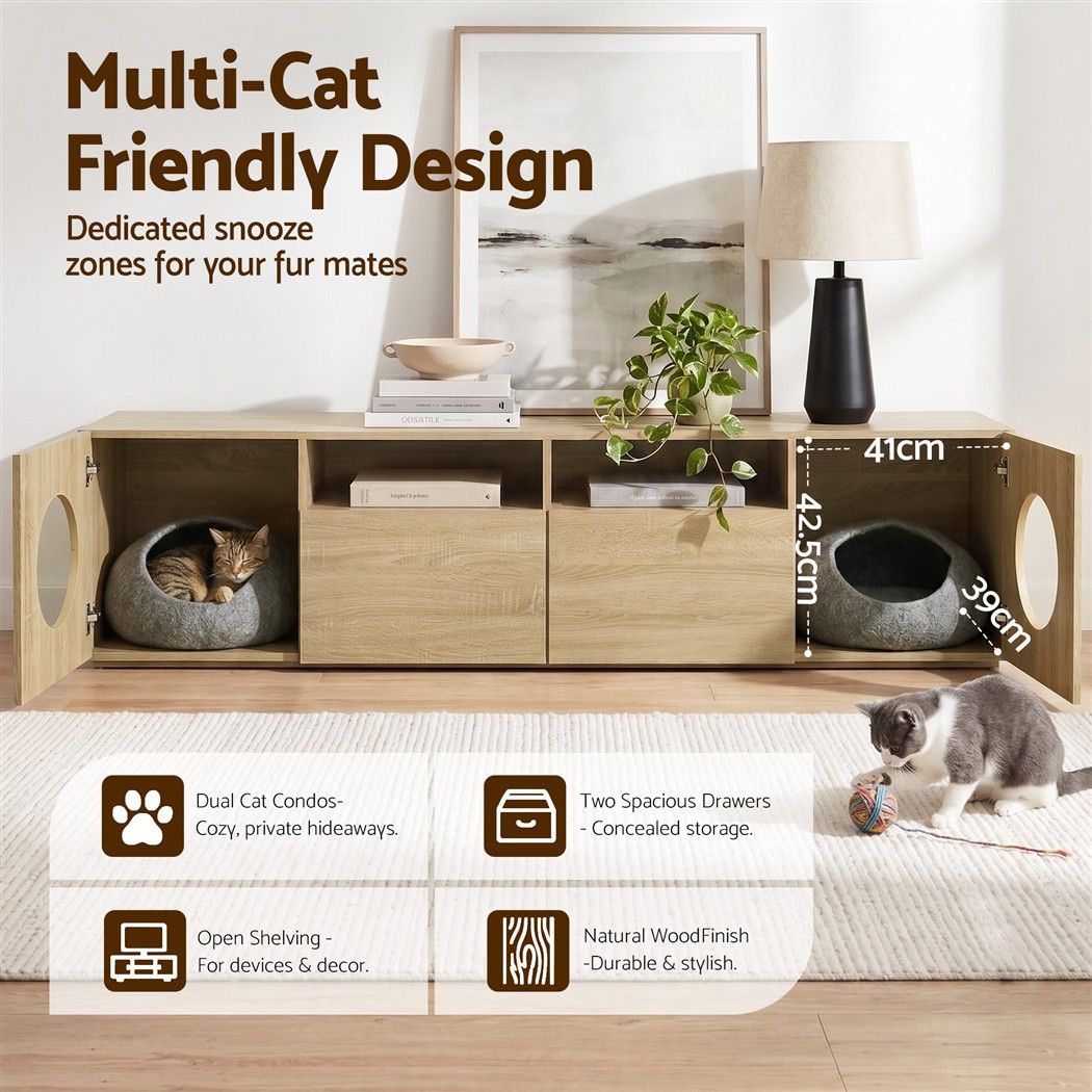 185cm TV Unit with Cat House Storage and Drawers - Pine - Furniture > Living Room > TV Units - Rivercity House & Home Co. (ABN 18 642 972 209) - Affordable Modern Furniture Australia