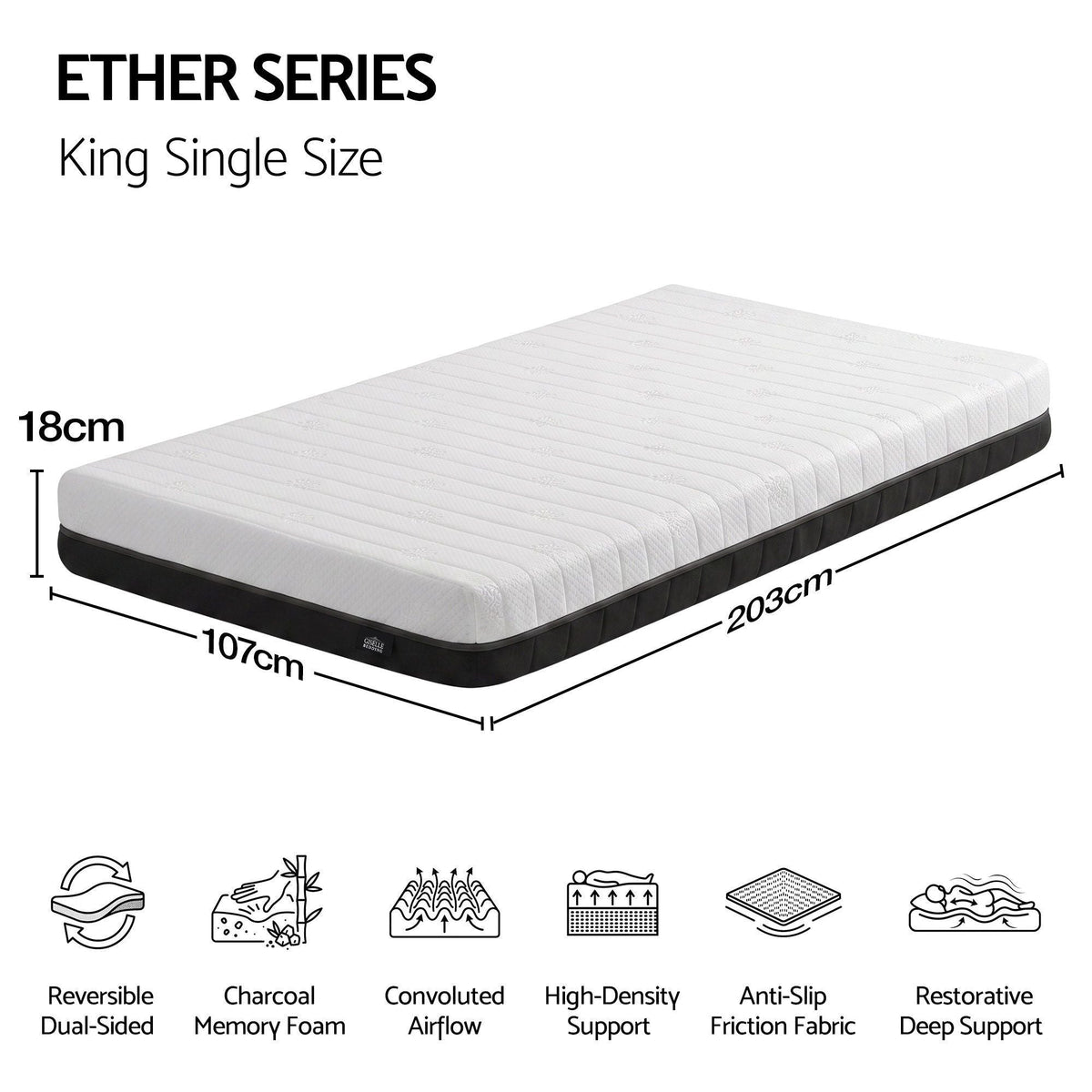 18cm King Single Dual Feel Reversible Memory Foam Mattress - Charcoal - Furniture > Mattresses > King Single Mattress - Rivercity House & Home Co. (ABN 18 642 972 209) - Affordable Modern Furniture Australia