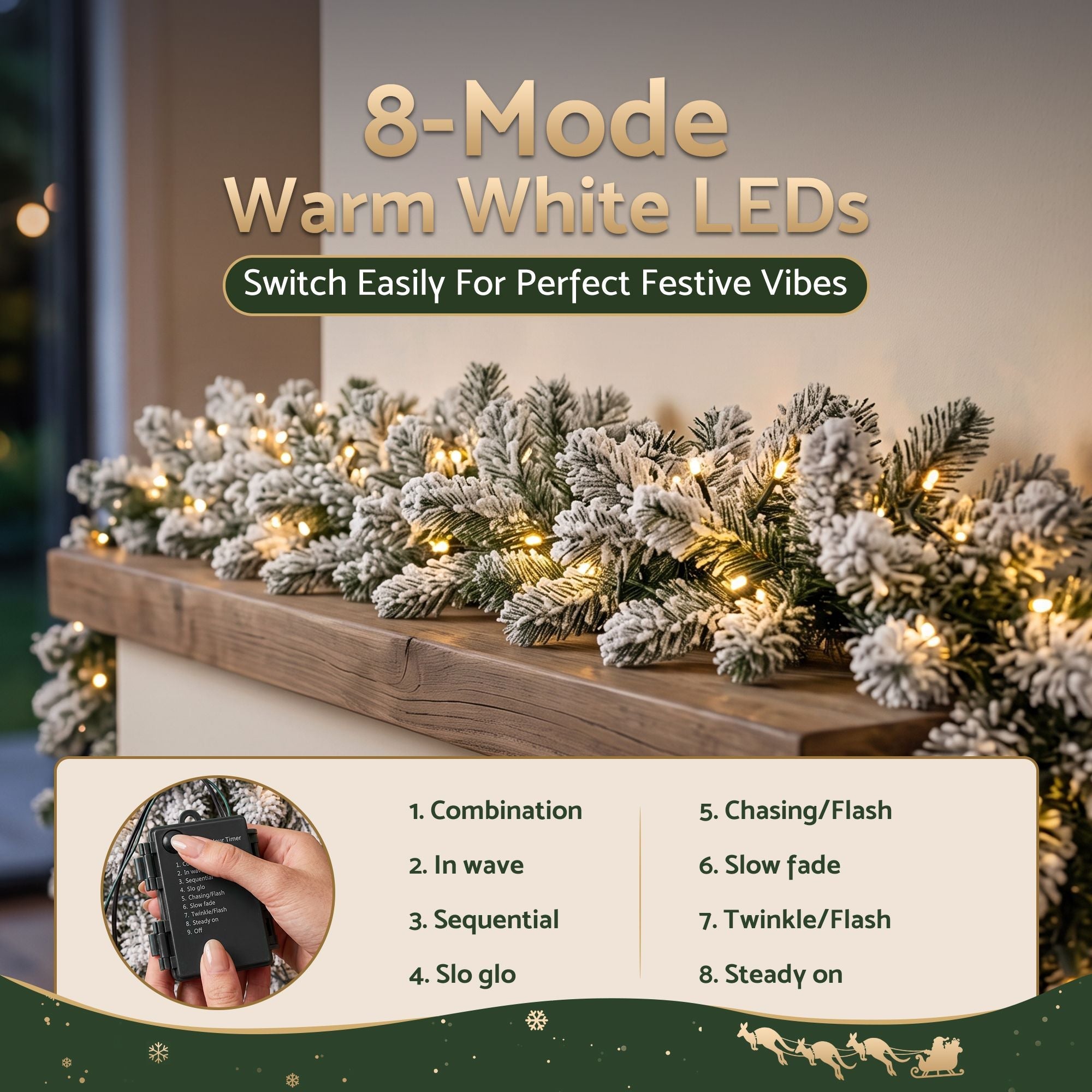 1.8M Christmas Garland 8 Mode LED Snow Frosted Tips Auto Timing - Occasions > Christmas > Christmas Wreaths & Garlands - Rivercity House & Home Co. (ABN 18 642 972 209) - Affordable Modern Furniture Australia
